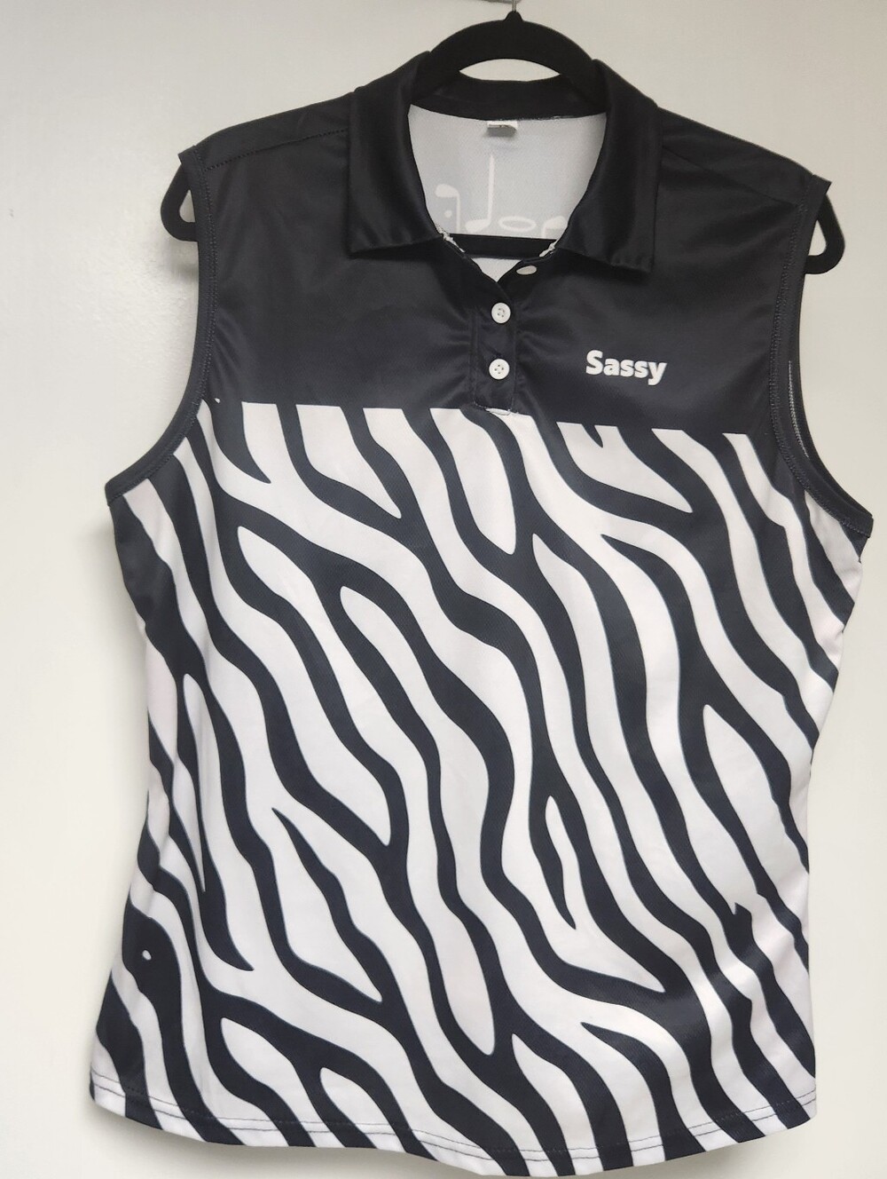 Women's Black & White Zebra Print Sleeveless Polo Top
